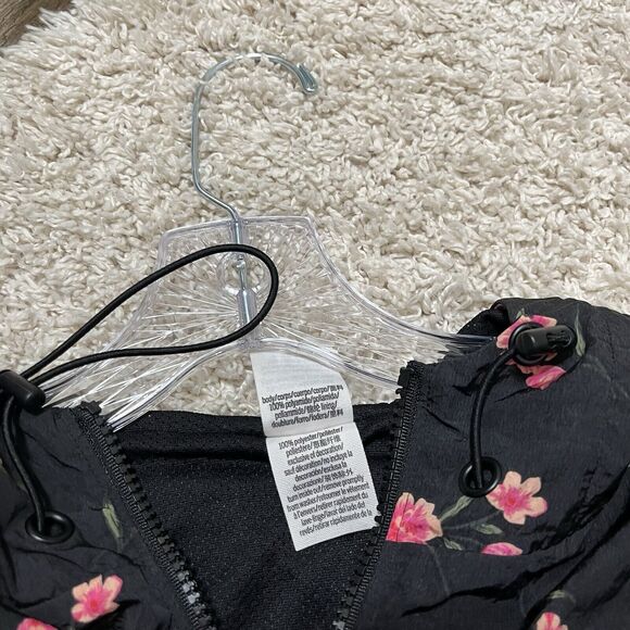 Victoria's Secret PINK XS/S Black Floral Hooded Full Zip Windbreaker Rain Jacket - Picture 6 of 8